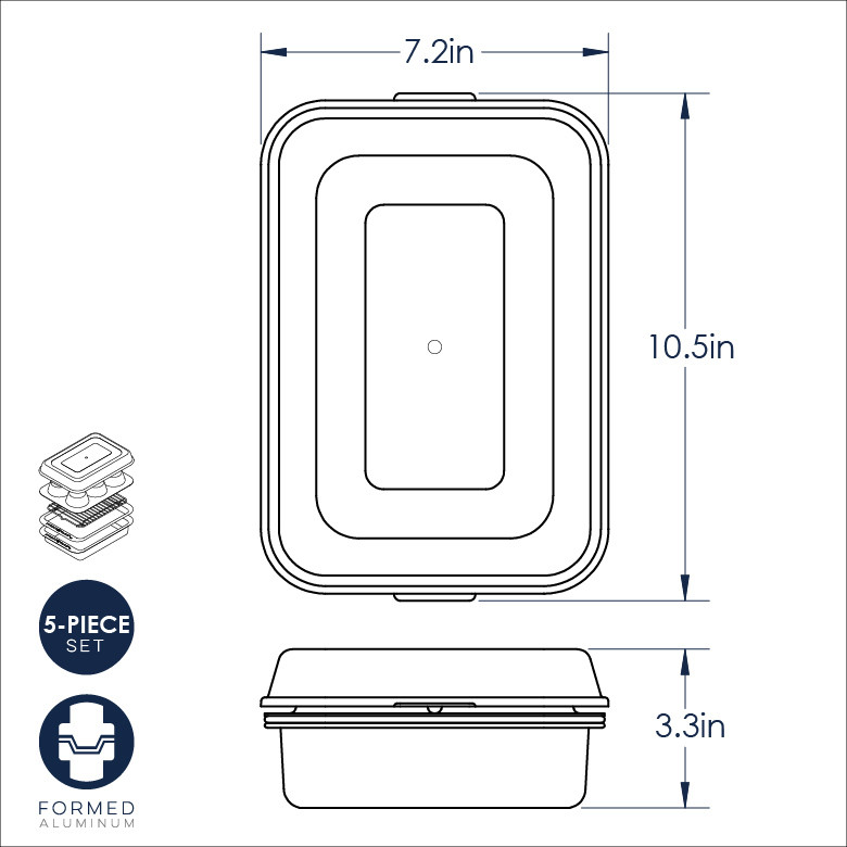 Technical diagram showing dimensions and specifications for Nordic Ware Naturals 5-piece aluminum bakeware set