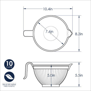 Nordic Ware Better Batter Bowl dimensional drawing showing white mixing bowl measurements and specifications
