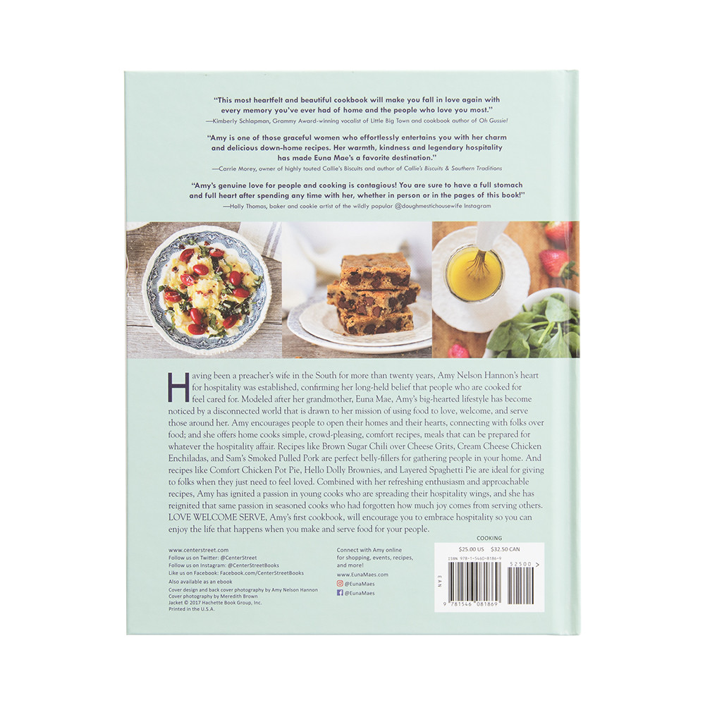 Back cover of Nordic Ware Love Welcome Serve cookbook showing recipe photos and book description