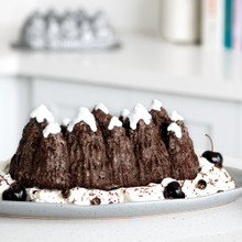 Chocolate cherry loaf cake with white icing in Nordic Ware Alpine Forest pan, showing tree-shaped interior design