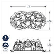 Nordic Ware Alpine Forest Loaf Pan dimensions diagram showing 6-cup capacity measurements and specifications