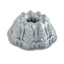 Nordic Ware Very Merry Bundt pan in aluminum with festive holly leaf and berry pattern design