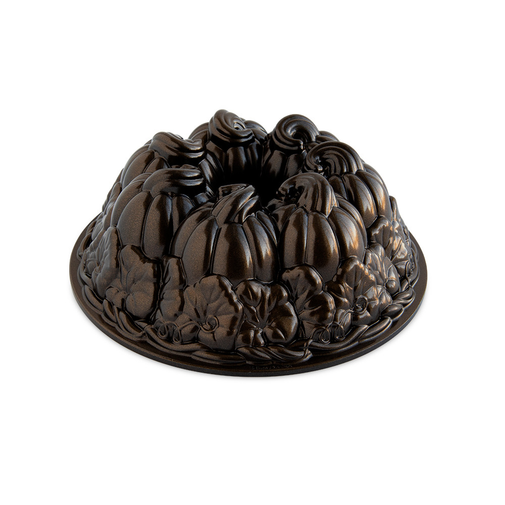 Nordic Ware aluminum Pumpkin Patch Bundt pan with detailed pumpkin-shaped cavities, natural silver finish
