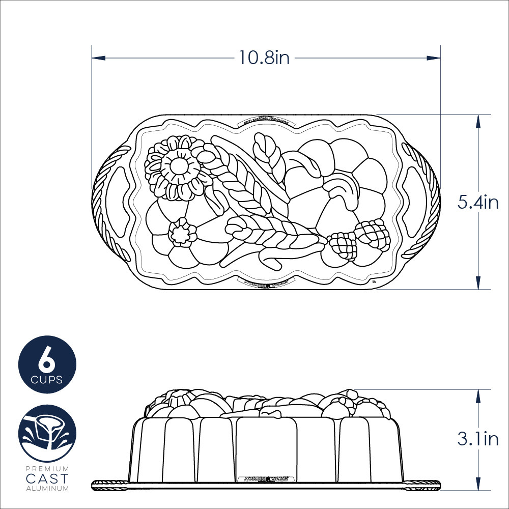 Nordic Ware aluminum sunflower and pumpkin loaf pan technical drawing showing dimensions and decorative design