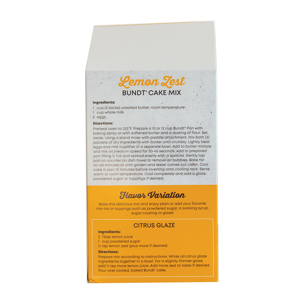 Back panel of Nordic Ware Lemon Zest Bundt Cake Mix box showing baking instructions and ingredients list