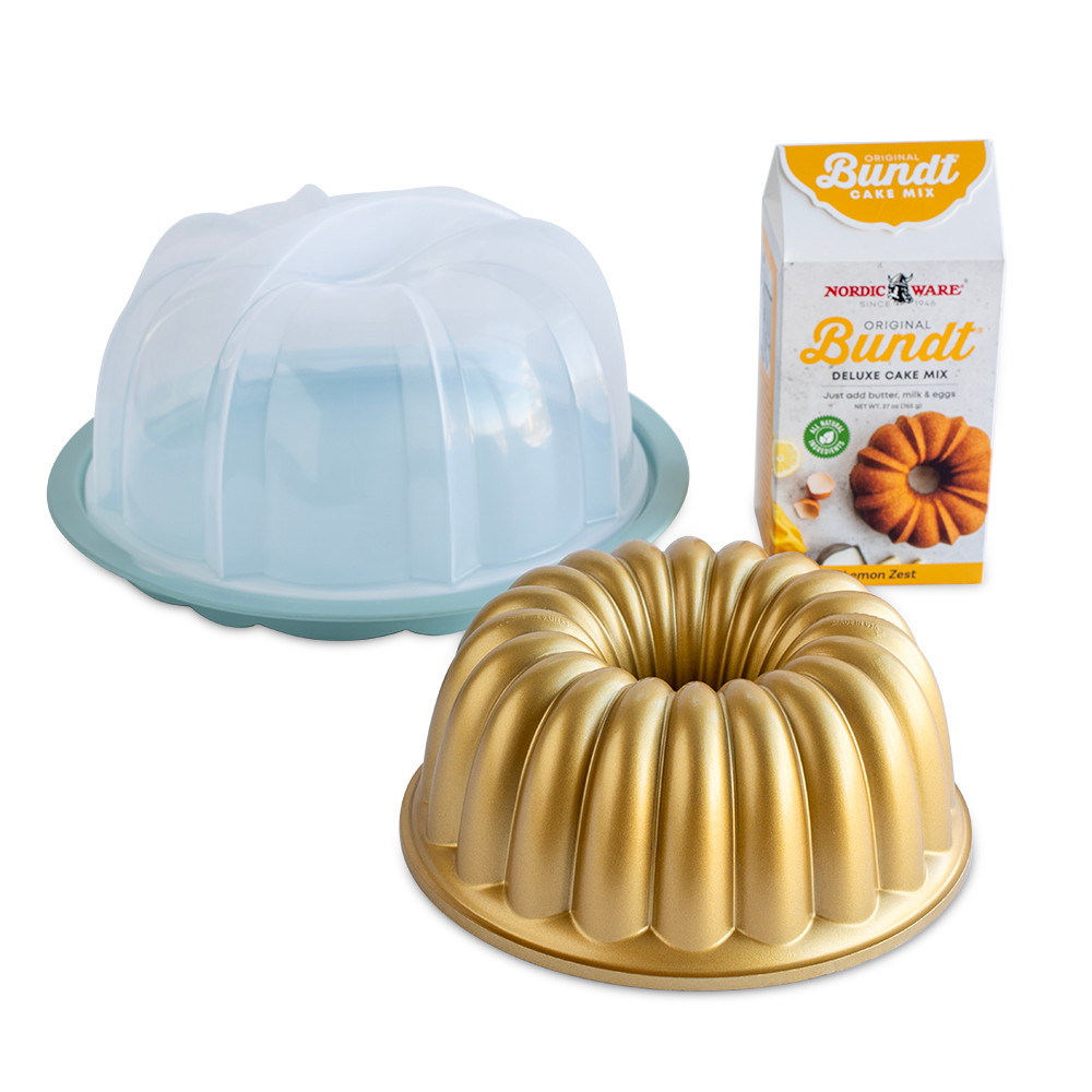 Nordic Ware Elegant Party bundt pan set with translucent cake keeper dome and lemon cake mix box