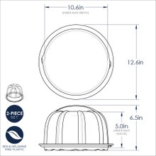 Clear translucent bundt cake keeper with dimensional measurements and lid, showing storage capacity specs