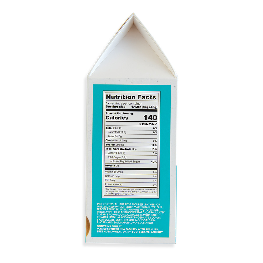Nordic Ware Salted Caramel Quick Bread Mix package back panel showing ingredient list and nutritional information