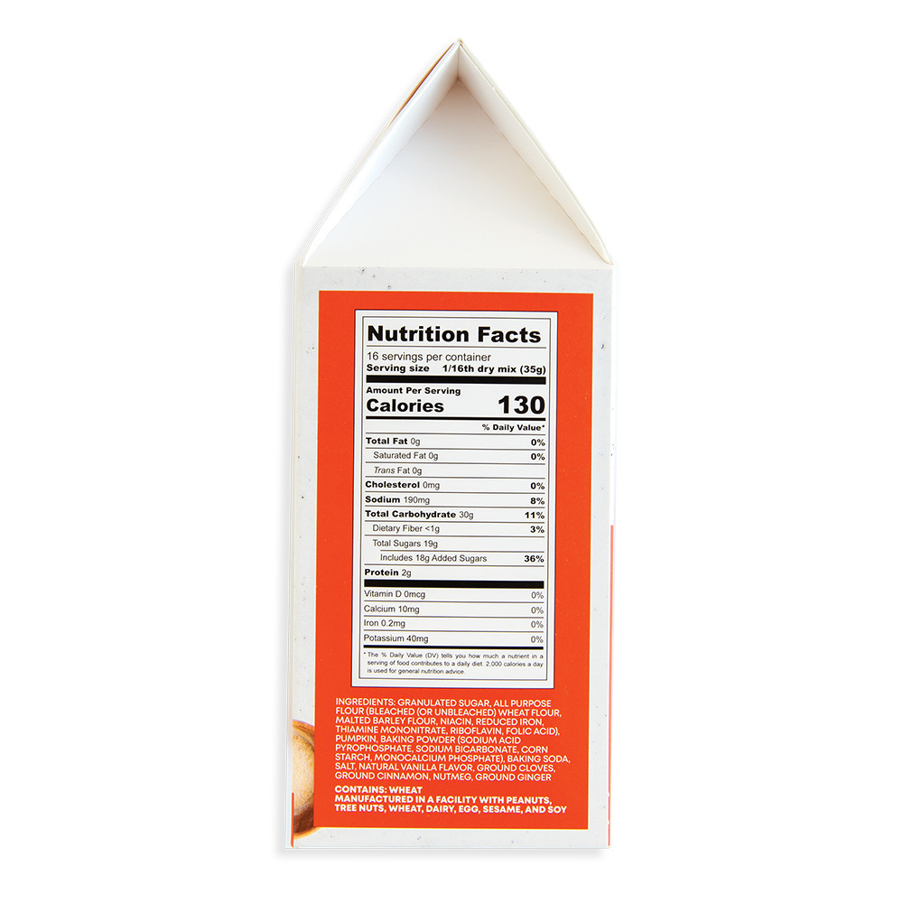 Nordic Ware pumpkin spice quick bread mix package back panel displaying ingredient list and nutritional information