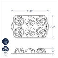 Nordic Ware aluminum floral cakelet pan with six flower-shaped molds, natural silver finish
