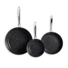 Nordic Ware Basalt 3-piece skillet set with non-stick coating, featuring 8-inch, 10-inch, and 12-inch skillets