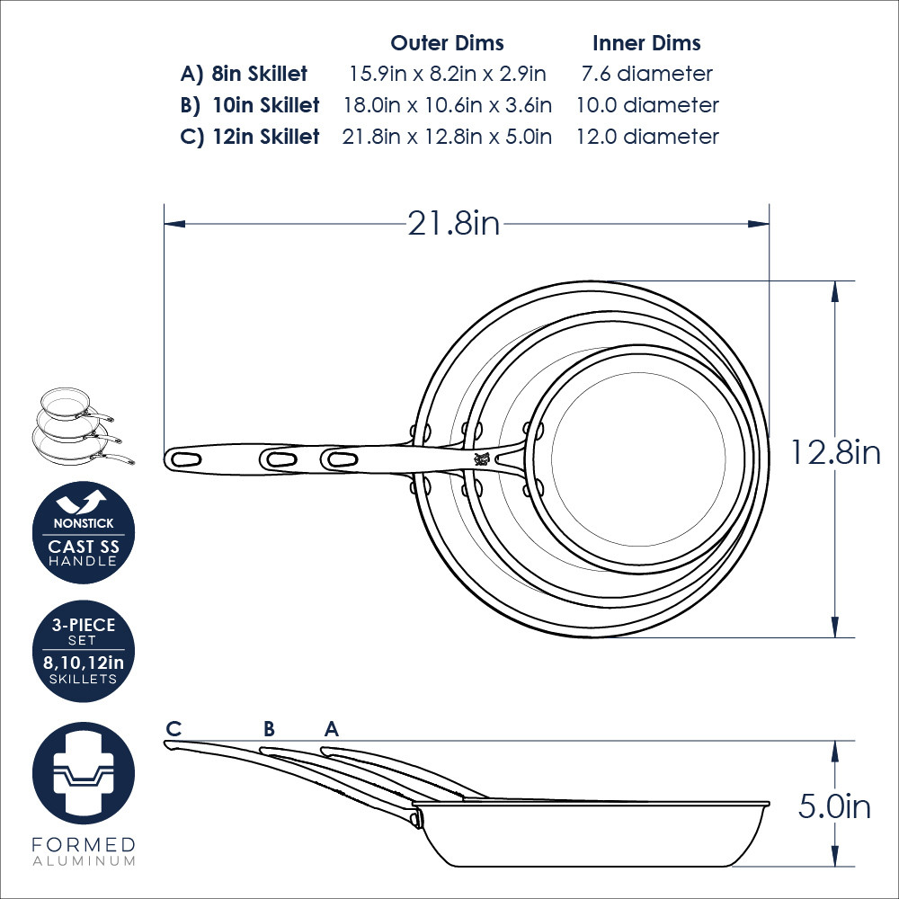 Nordic Ware Basalt 3-piece skillet set dimensional drawing showing measurements and specifications for nonstick skillets