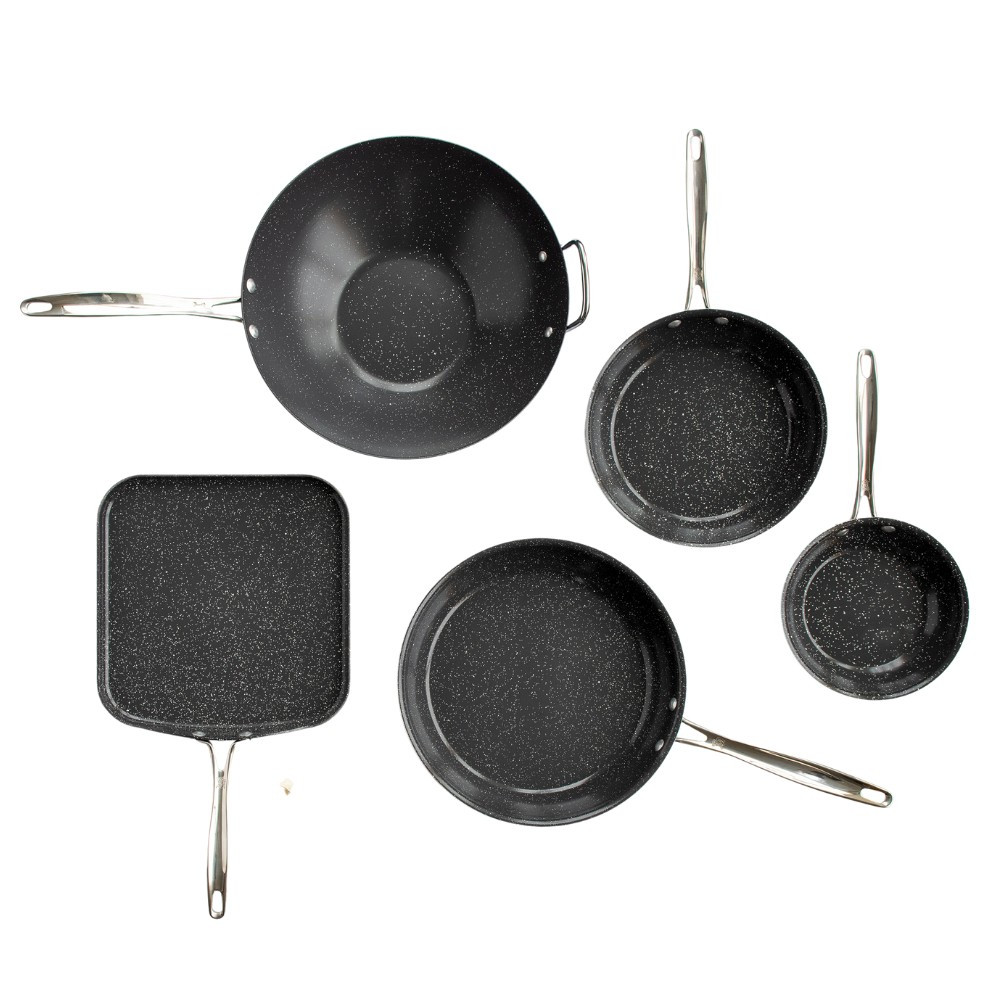 Nordic Ware Basalt 5-piece ceramic cookware set: black wok, griddle, and three skillets in 8", 10", and 12" sizes