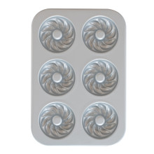 Nordic Ware aluminum French Twist donut pan interior showing 12 twisted fluted cavities, natural finish