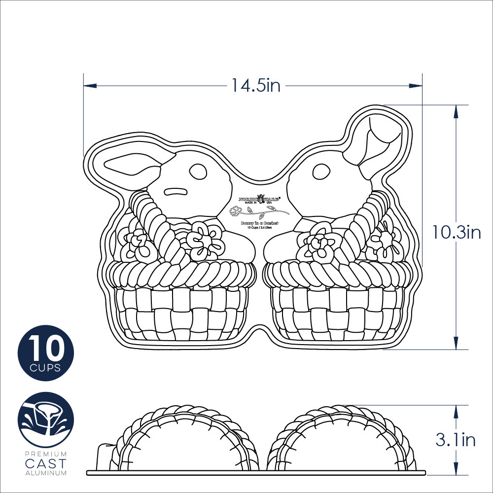 Nordic Ware aluminum bunny-shaped cake pan with basket weave detail, silver finish, dimensional 3D baking mold