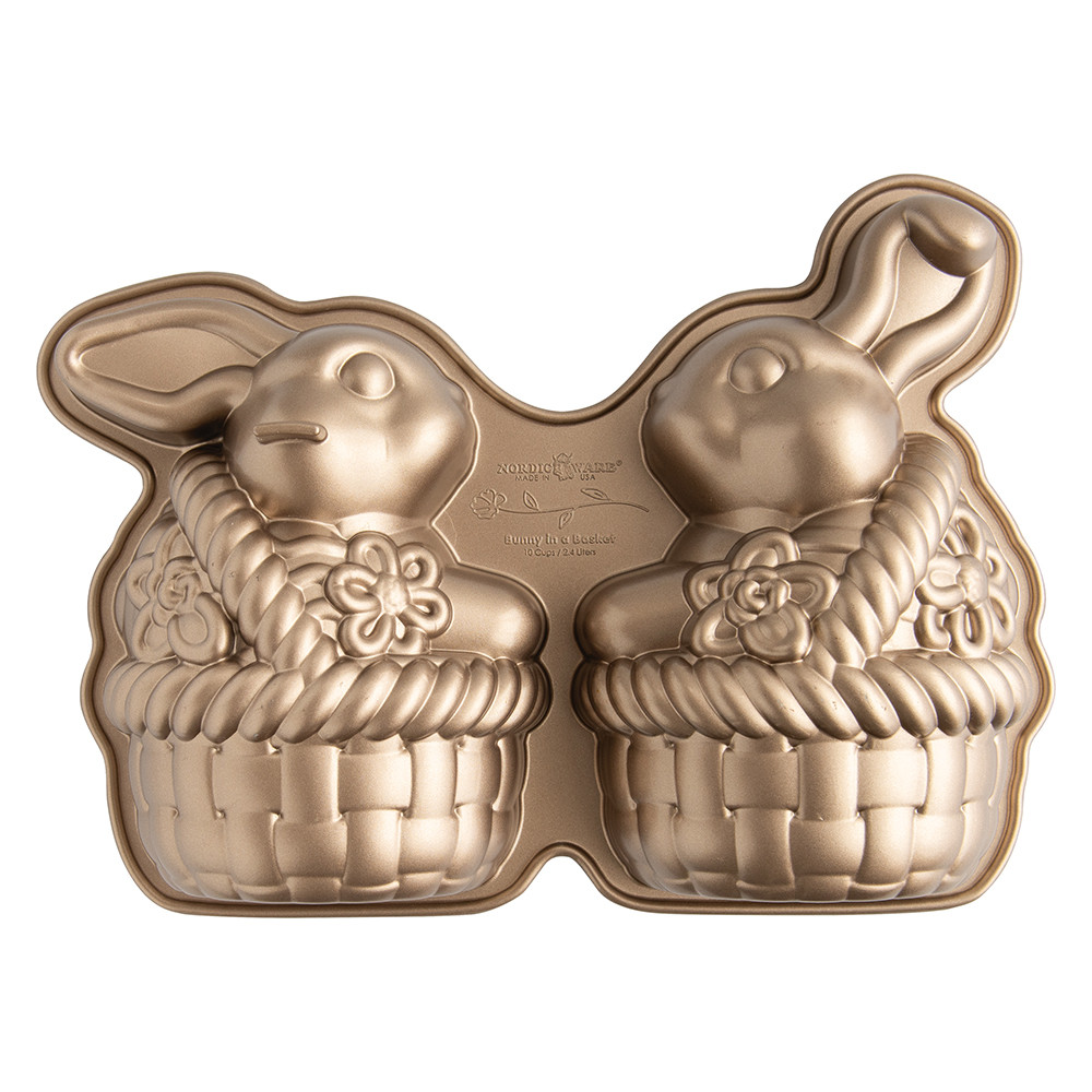 Nordic Ware aluminum 3D bunny in basket cake pan, detailed rabbit shape nestled in woven basket design