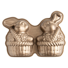 Nordic Ware aluminum 3D bunny in basket cake pan, detailed rabbit shape nestled in woven basket design