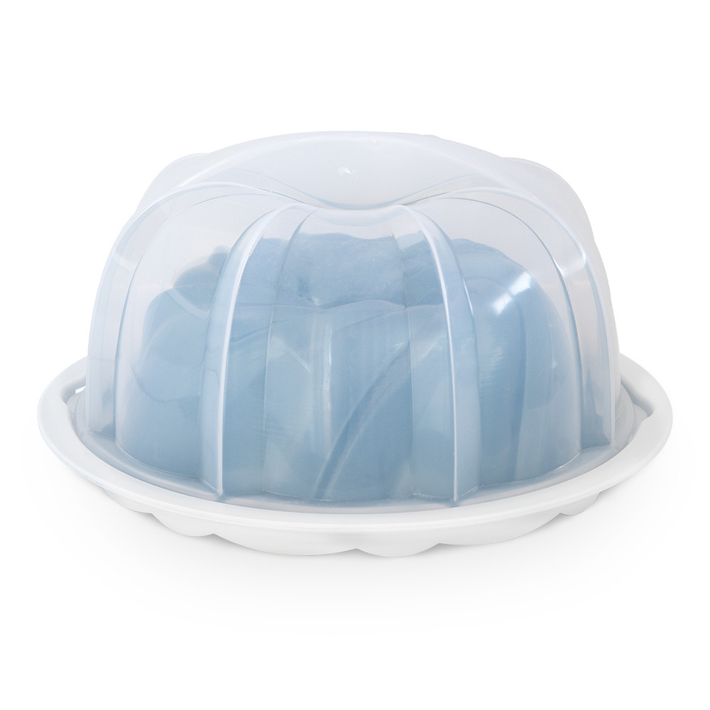 Nordic Ware aluminum swirl bundt pan with clear plastic domed cake keeper, silver pan nested inside keeper