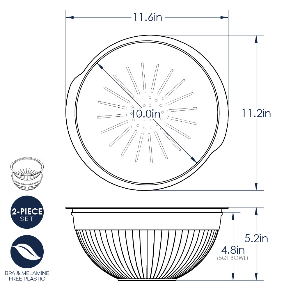 Nordic Ware white plastic colander nested inside matching 5-quart mixing bowl, showing 2-in-1 design