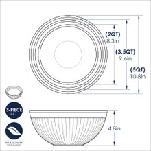 Three white melamine mixing bowls with pour spouts and measurement markings, nested together showing 2, 3.5, and 5 quart sizes