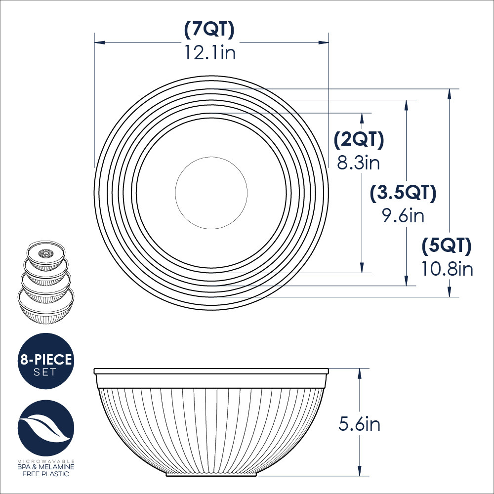 Technical diagram showing dimensions and measurements for Nordic Ware 8-piece white covered bowl set with various bowl sizes