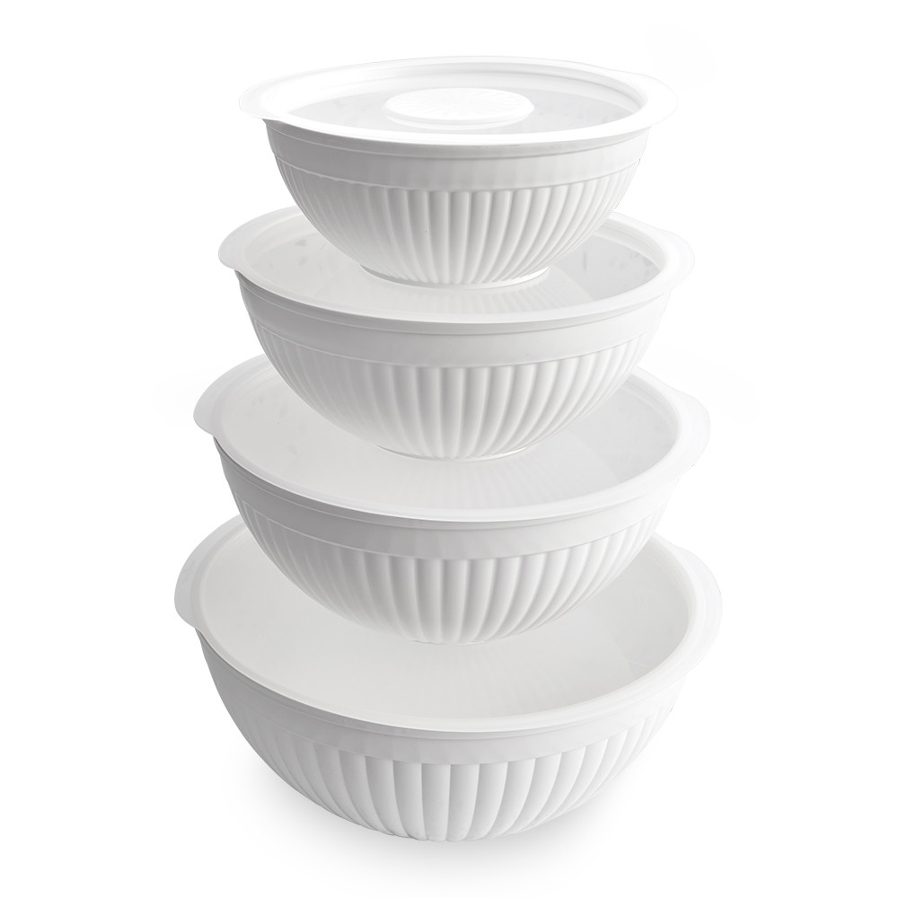 Nordic Ware white ceramic bowl set with 8 nested bowls and matching lids, various sizes for food prep
