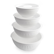 Nordic Ware white ceramic bowl set with 8 nested bowls and matching lids, various sizes for food prep