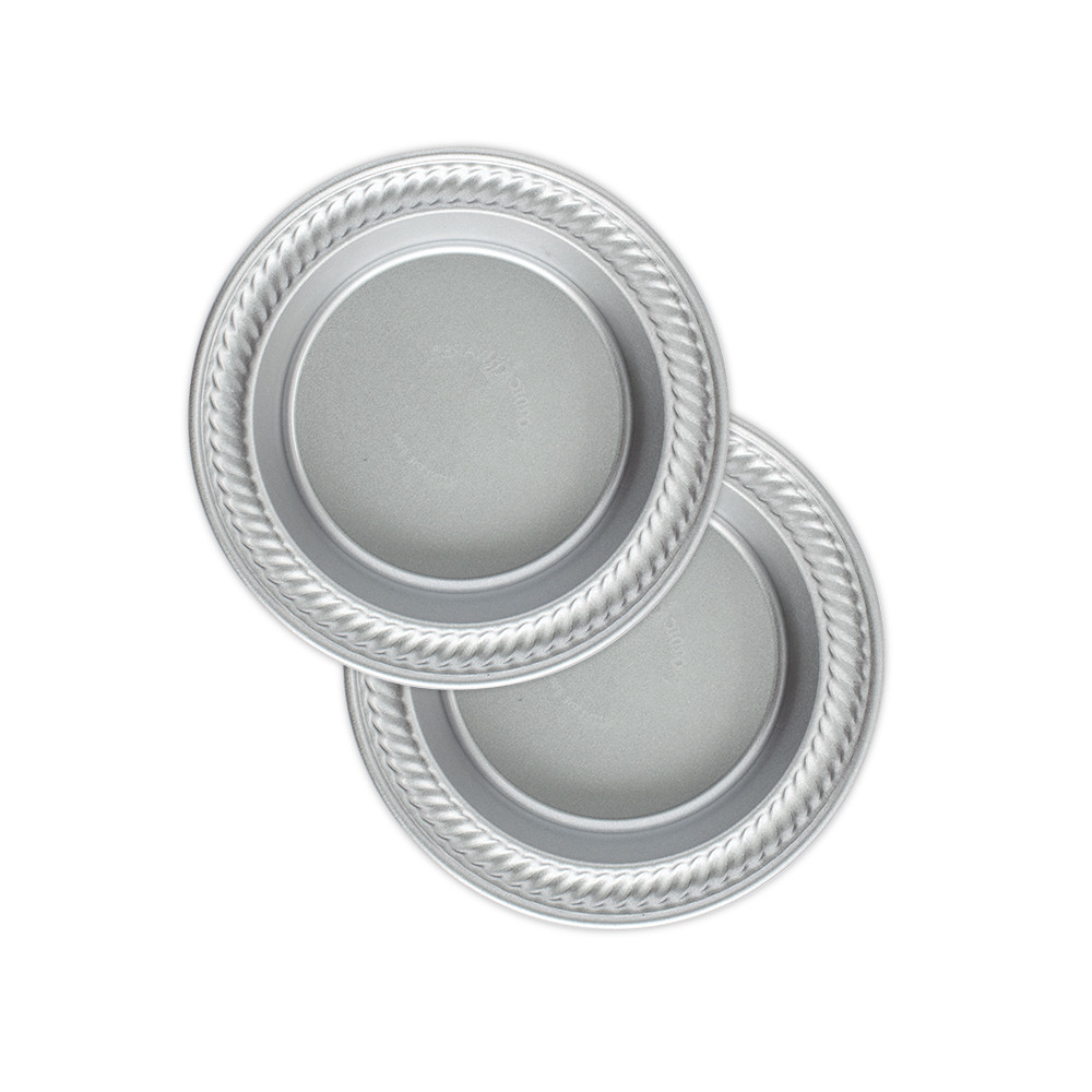 Two Nordic Ware aluminum mini pie pans, 5-inch round with fluted edges, natural silver finish