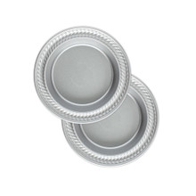 Two Nordic Ware aluminum mini pie pans, 5-inch round with fluted edges, natural silver finish