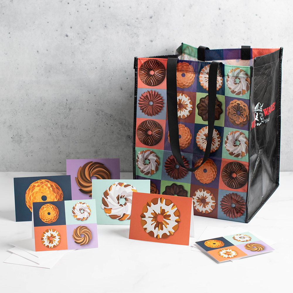Group image of Bundt Tote Bag with Bundt greeting cards in cute illustrated Bundt drawings.