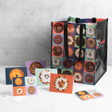 Group image of Bundt Tote Bag with Bundt greeting cards in cute illustrated Bundt drawings.