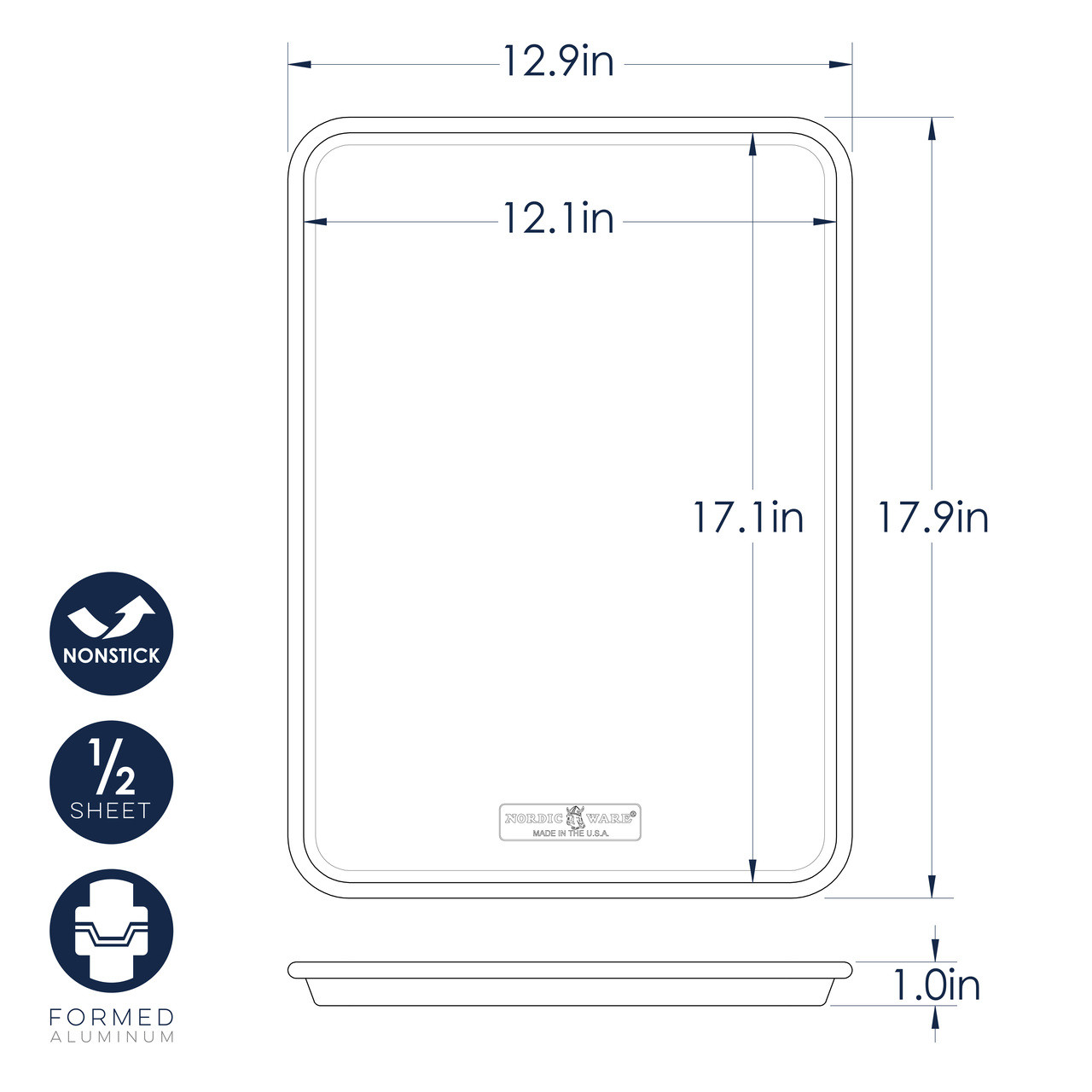 Nordic Ware aluminum half sheet pan with dimensional measurements and specifications diagram