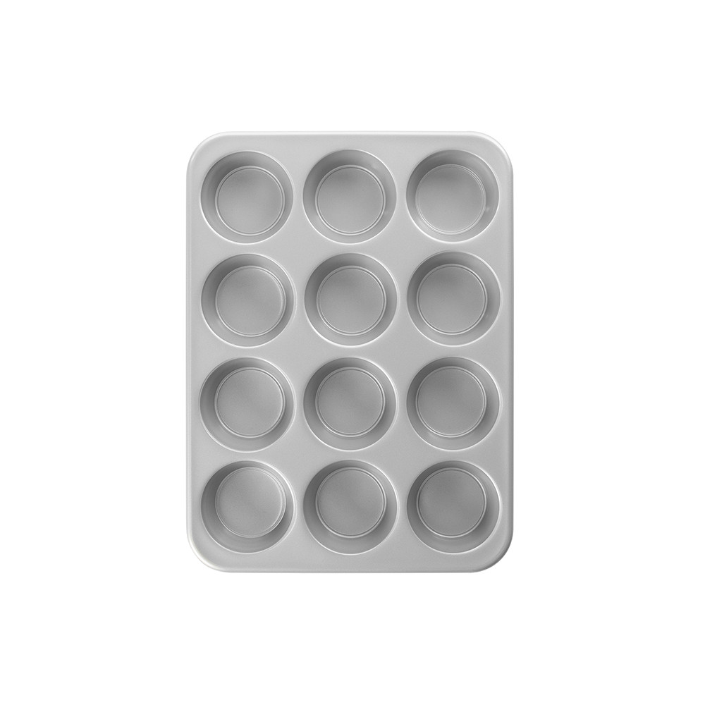 Nordic Ware Brilliant Muffin Pan with 12 cups, aluminum with light interior coating, overhead view