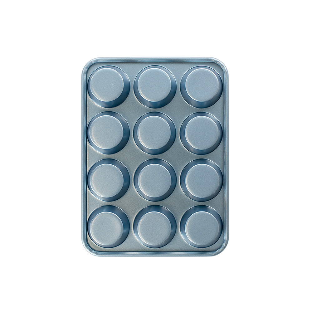 Nordic Ware Brilliant aluminum muffin pan with 12 cups, natural silver finish, overhead view on white background