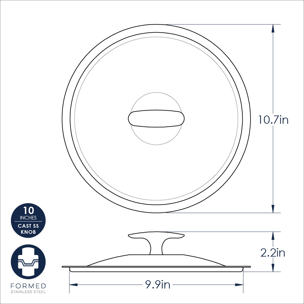 Nordic Ware 10-inch stainless steel Basalt lid, circular with raised center knob handle, brushed metal finish