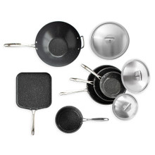 Nordic Ware Basalt 9-piece ceramic nonstick cookware set with black skillets, wok, griddle and lids arranged overhead