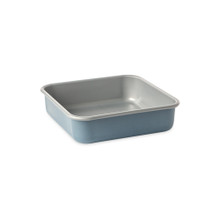 Nordic Ware aluminum 9-inch square cake pan with straight sides, natural silver finish, angled view