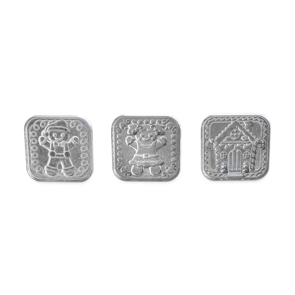 Nordic Ware white plastic gingerbread cookie stamps set, four round stamps with detailed holiday designs