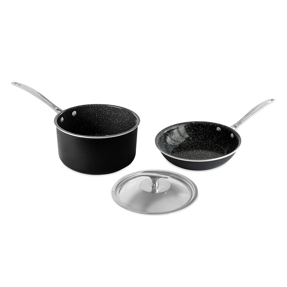 Nordic Ware Basalt 3-piece cookware set: black 8" sauté skillet and 3-quart sauce pan with matching lid