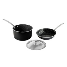 Nordic Ware Basalt 3-piece cookware set: black 8" sauté skillet and 3-quart sauce pan with matching lid