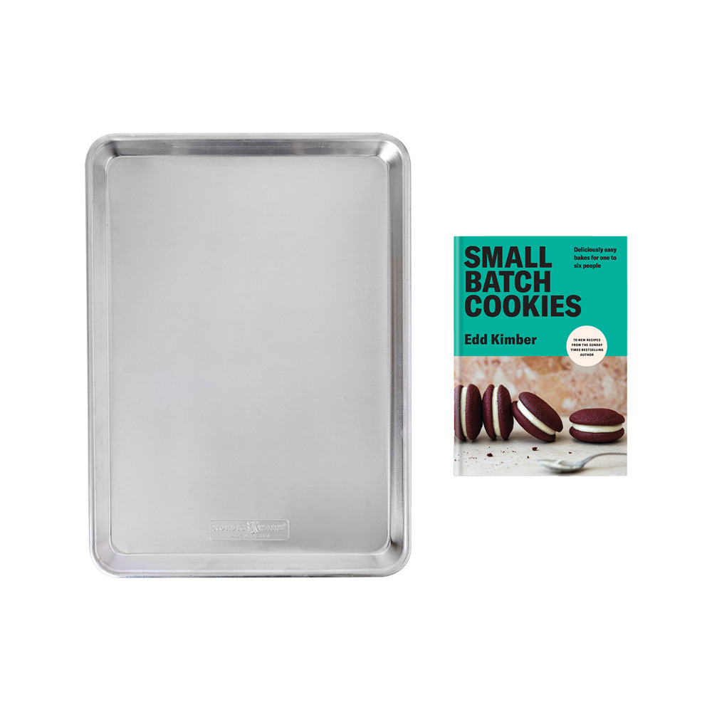 Small Batch Cookies cookbook with Nordic Ware aluminum half sheet pan, natural silver finish