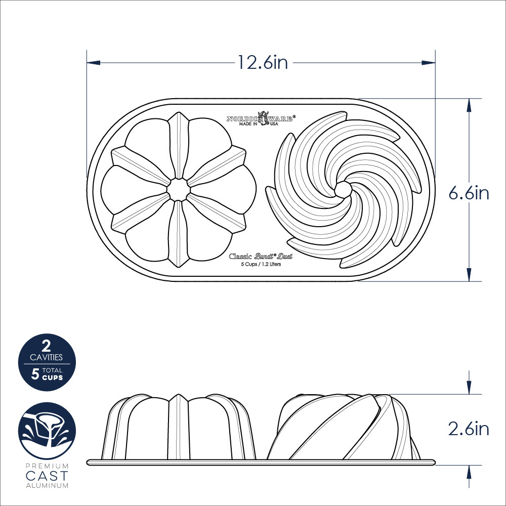 Nordic Ware Classic Bundt Duet pan, cast aluminum with two small fluted bundt cavities, natural finish