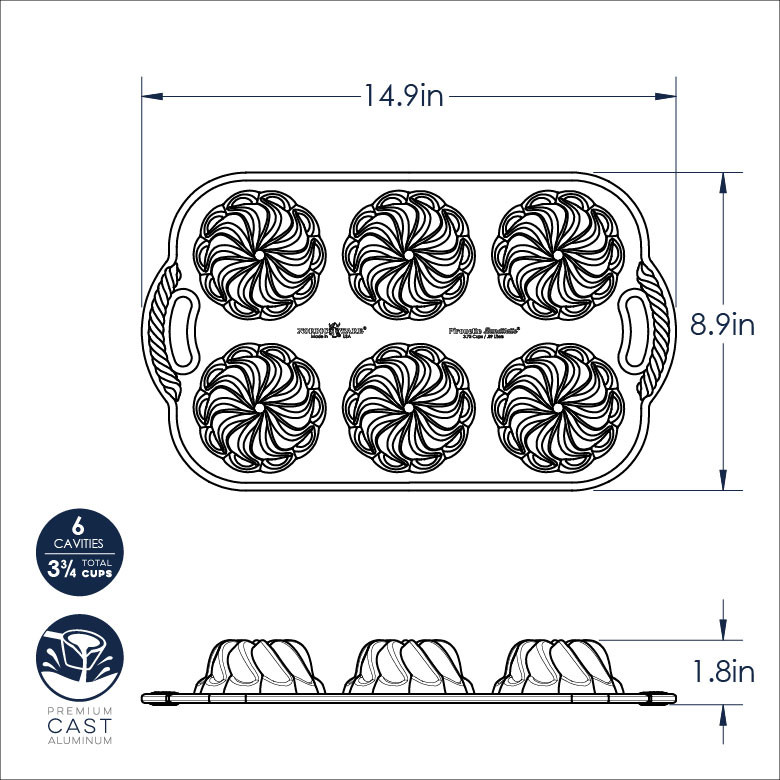 Nordic Ware Pirouette Bundtlette pan technical drawing showing fluted design and dimensions on white background