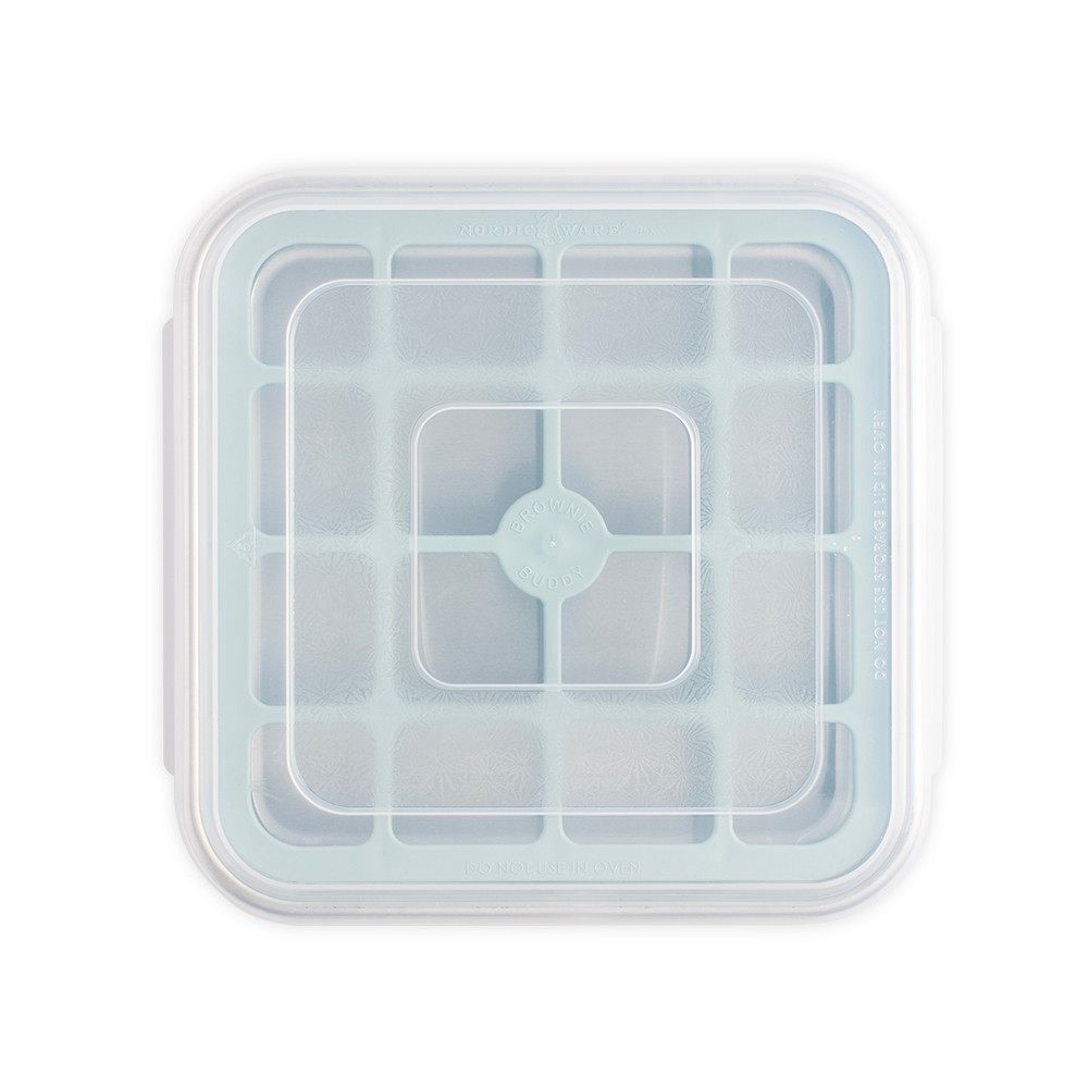 Nordic Ware Brownie Buddy aluminum baking set with rectangular pan, cutting tool, and spatula on white background