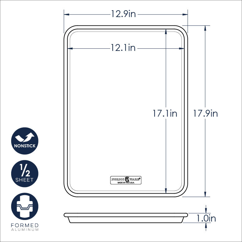 Nordic Ware nonstick half sheet pan technical drawing showing dimensions and measurements