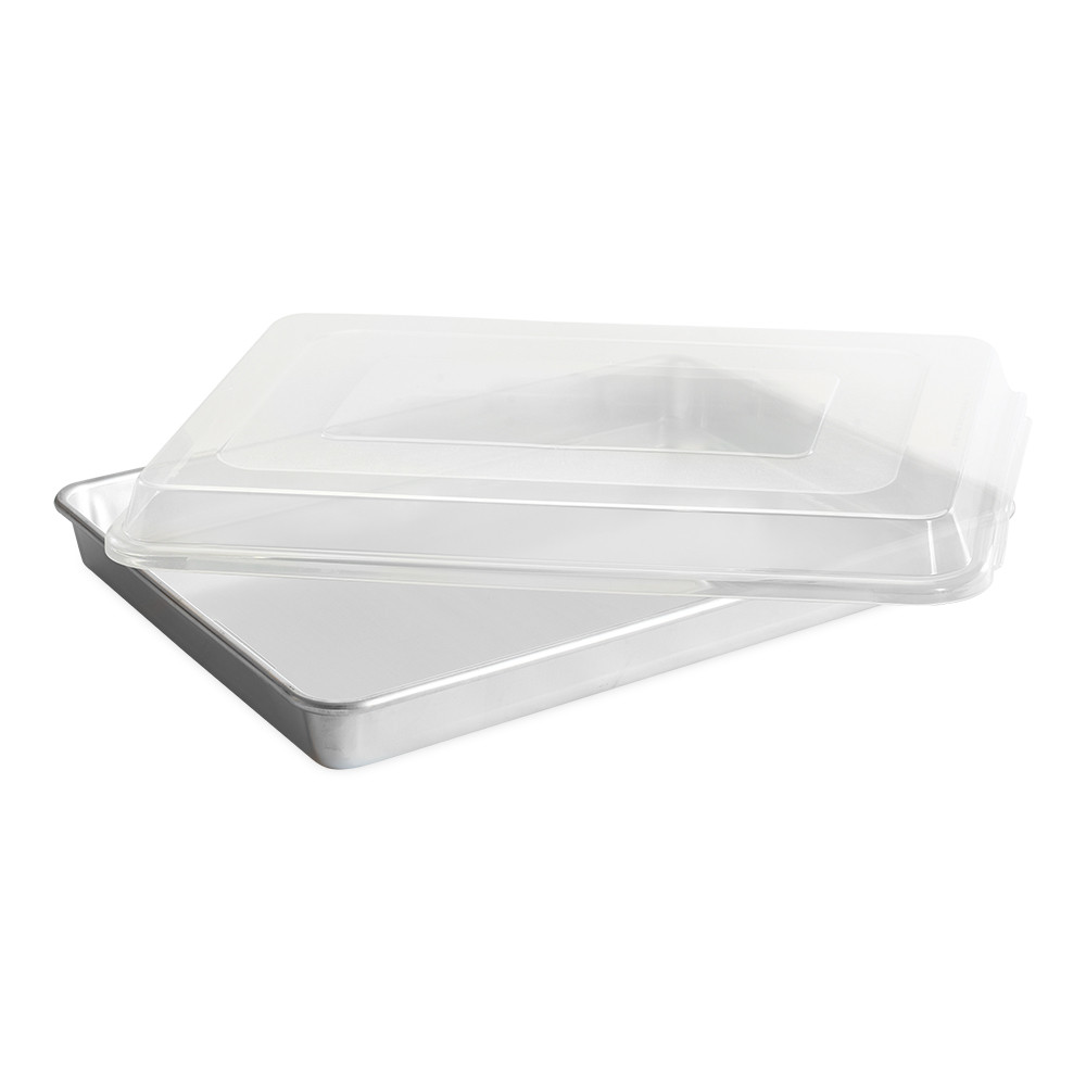 Nordic Ware aluminum rectangular baking pan with clear glass lid, natural silver finish