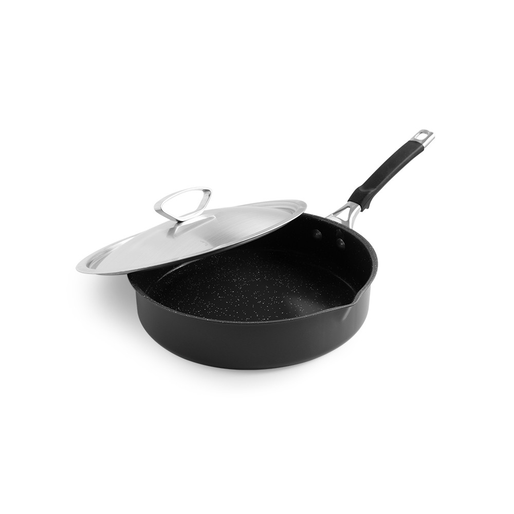 Nordic Ware Verde 10-inch ceramic nonstick skillet with matching lid, dark green exterior, angled view