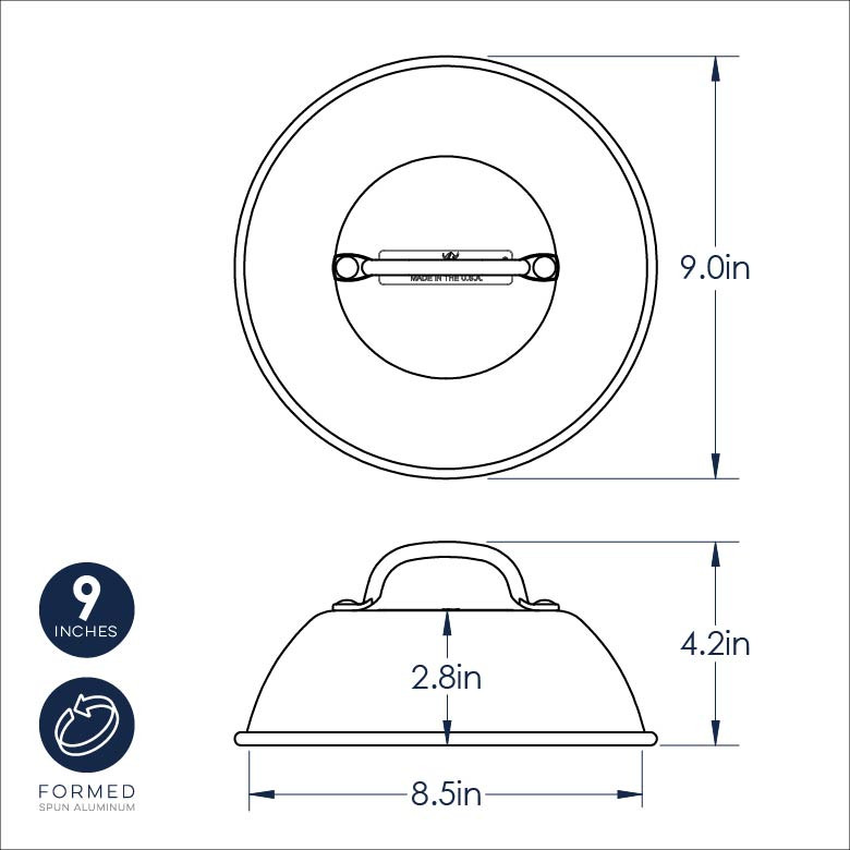 Nordic Ware aluminum cheese melting dome with dimensional measurements and specifications diagram