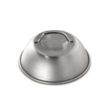 Nordic Ware aluminum cheese melting dome, round with handle, silver finish on white background