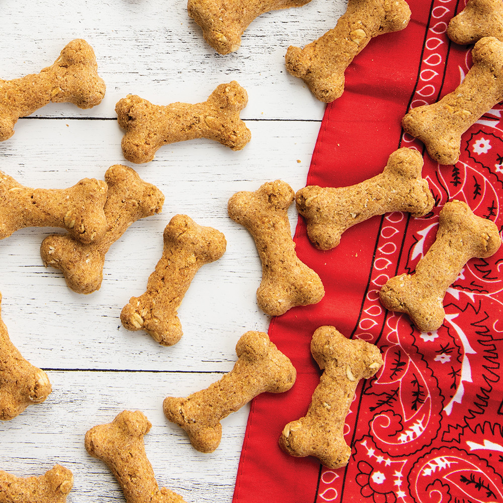 Golden-brown bone-shaped dog treats baked in red Nordic Ware Puppy Love treat pan on wooden surface